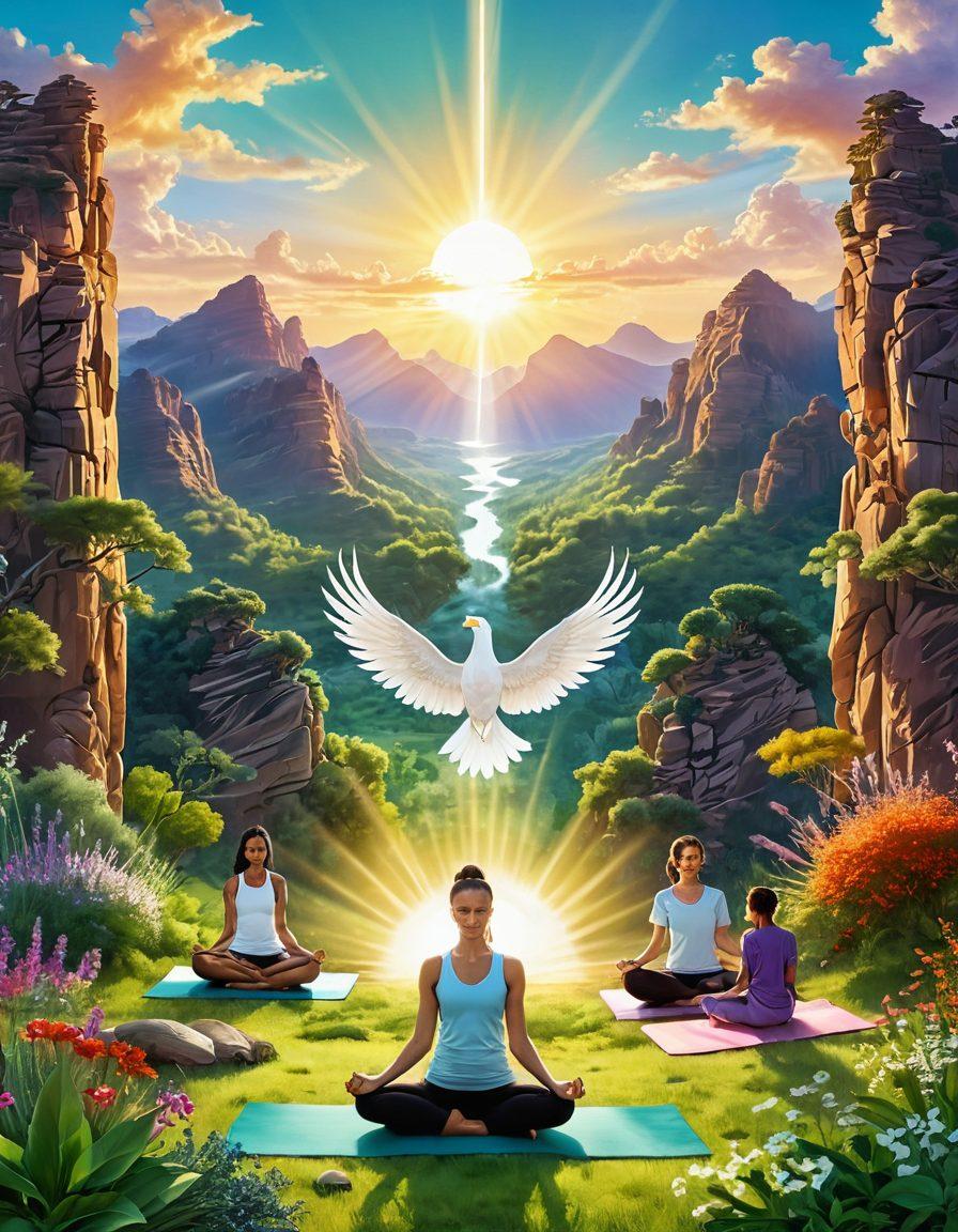 A serene landscape depicting a blend of ancient wisdom and modern health practices, featuring a soaring phoenix symbolizing rebirth over a lush green valley filled with healing herbs. In the foreground, a diverse group of people practicing yoga and meditation surrounded by symbols of traditional medicine, while soft rays of sunlight illuminate the scene. The color palette should evoke tranquility with warm and vibrant tones. super-realistic. vibrant colors. white background.