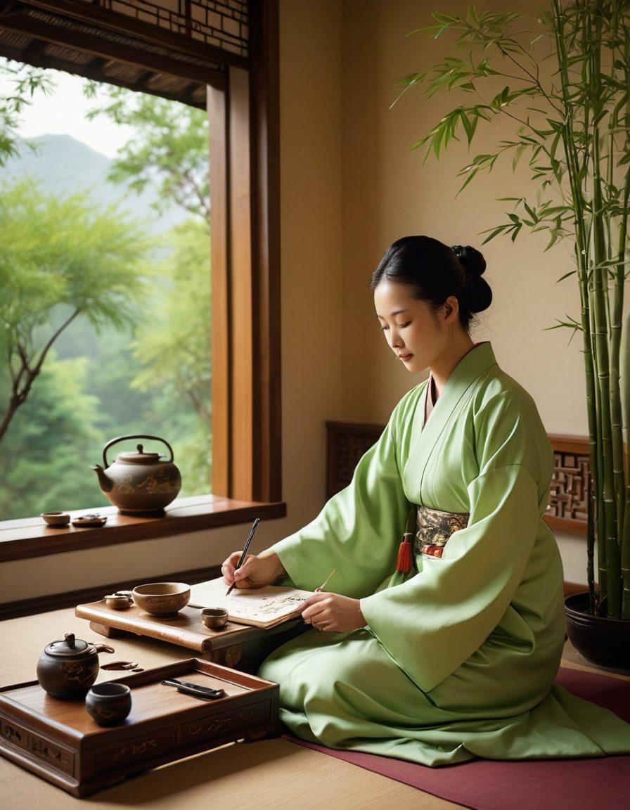 A serene scene depicting a harmonious blend of Chinese cultural elements, such as traditional calligraphy and bamboo, alongside modern oncology care practices. Include a compassionate healthcare professional interacting with a patient in a tranquil setting that features elements like tea, herbal medicine, and peaceful landscapes symbolizing healing and tradition. The composition should evoke feelings of warmth, hope, and cultural richness. super-realistic. vibrant colors. soft background.