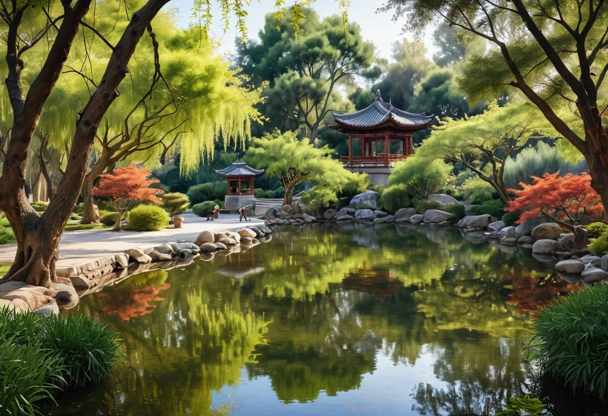 A serene landscape featuring a traditional Chinese garden, complete with a tranquil pond and willow trees, symbolizing peace and healing. In the foreground, a person practicing Tai Chi, embodying wellness and harmony, while various herbs and traditional medicine elements are artistically scattered around. Soft, warm sunlight filters through the trees, enhancing the calm atmosphere. watercolor painting. vibrant colors. nature-themed.
